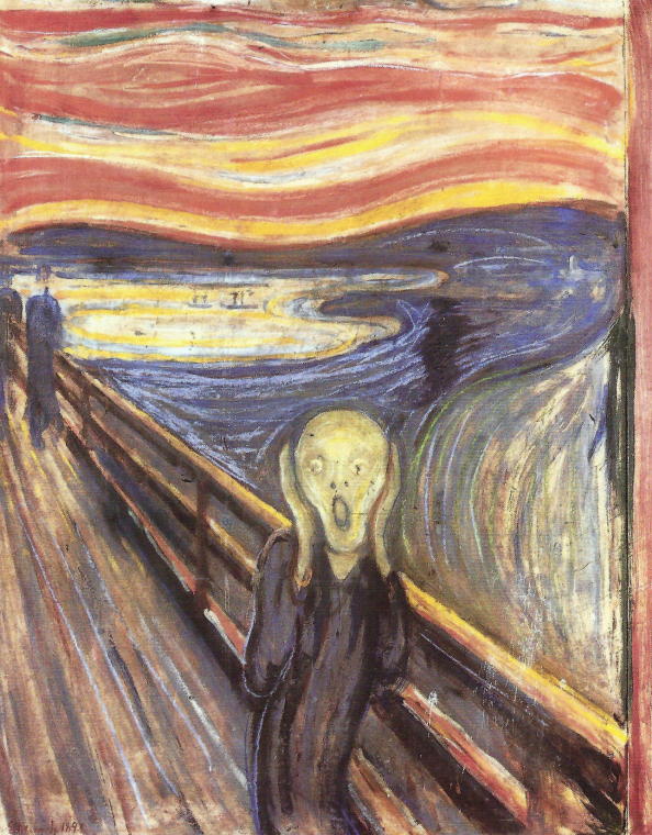 Schreiende Figur auf Brücke vor wirbelndem Himmel und Wasser